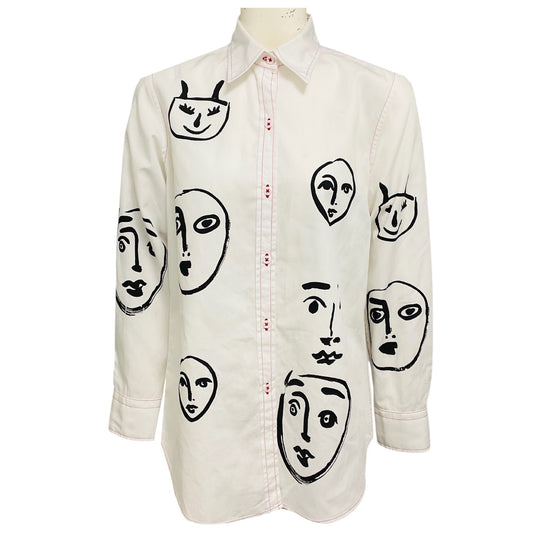 Libertine White / Black Face Print Button Down Cotton Shirt