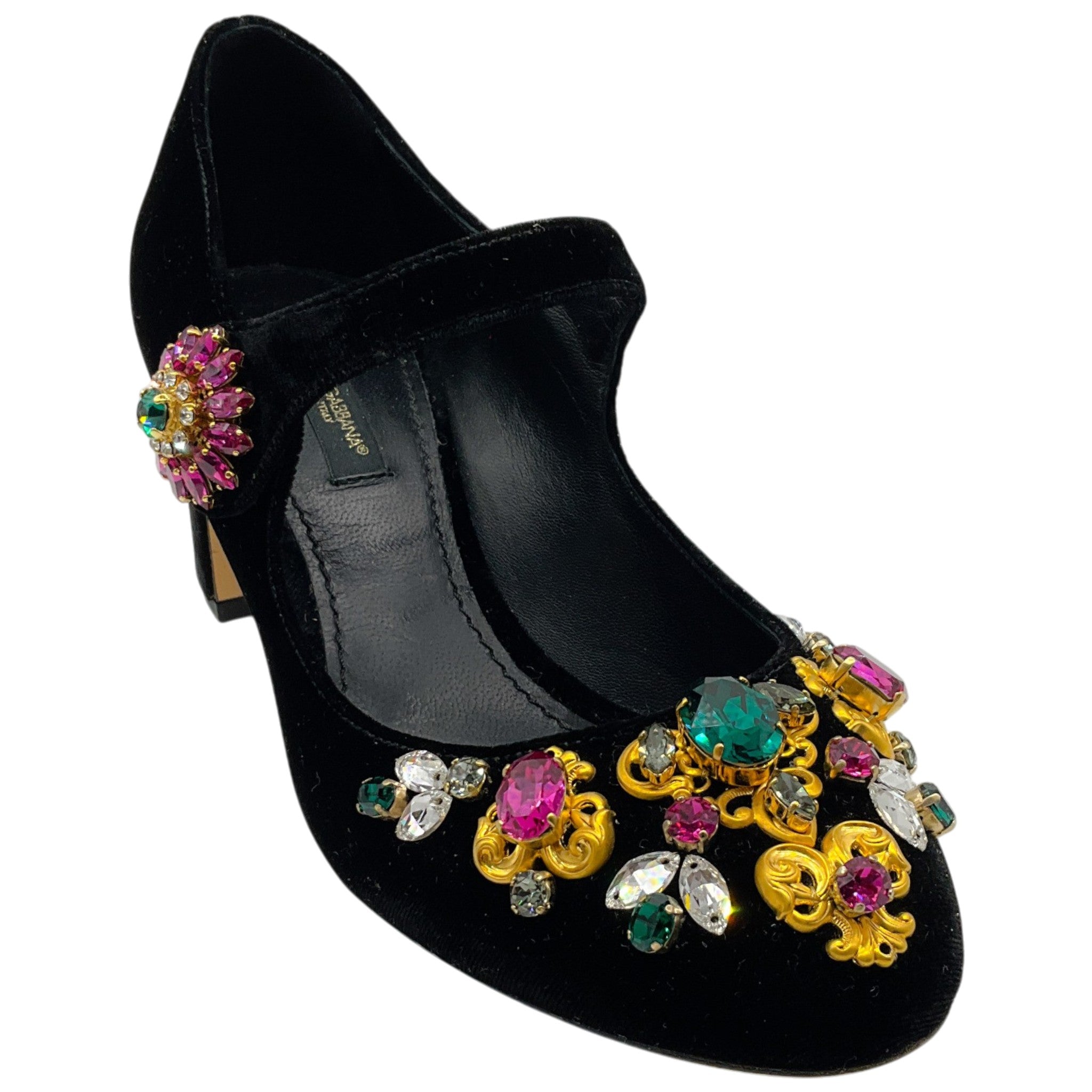 Dolce & Gabbana Black Velvet Mary Jane Pumps With Multi Crystal Embellishments

