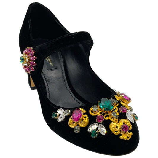 Dolce & Gabbana Black Velvet Mary Jane Pumps With Multi Crystal Embellishments
