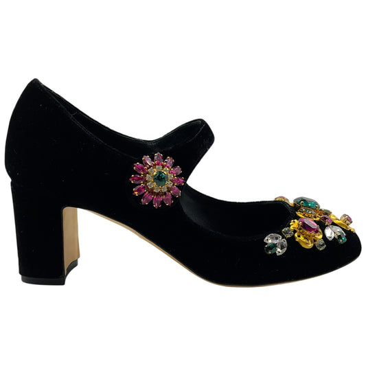 Dolce & Gabbana Black Velvet Mary Jane Pumps With Multi Crystal Embellishments