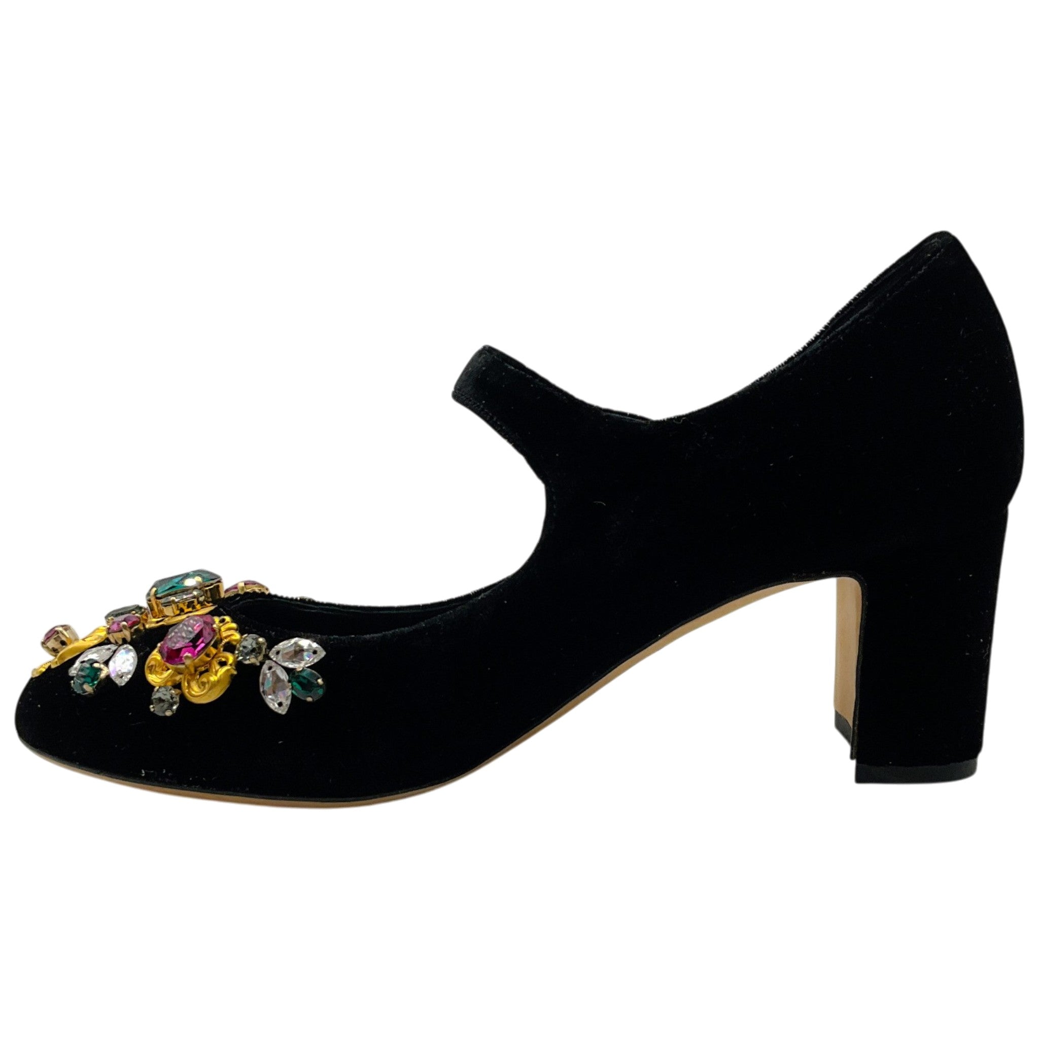 Dolce & Gabbana Black Velvet Mary Jane Pumps With Multi Crystal Embellishments