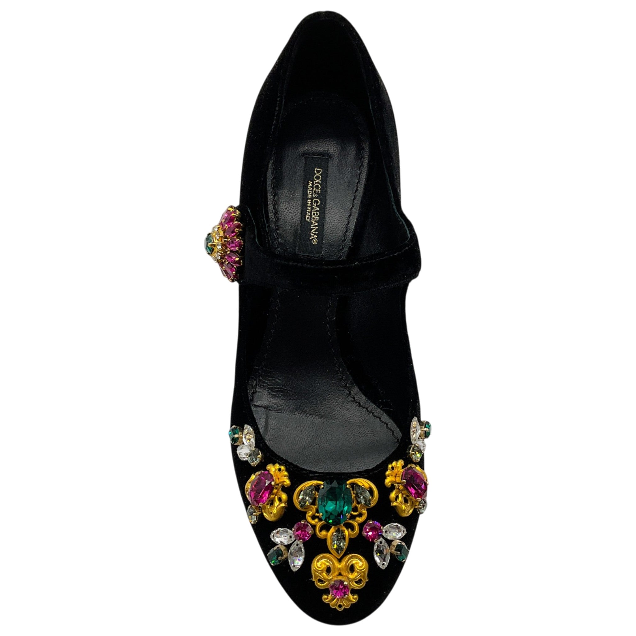 Dolce & Gabbana Black Velvet Mary Jane Pumps With Multi Crystal Embellishments