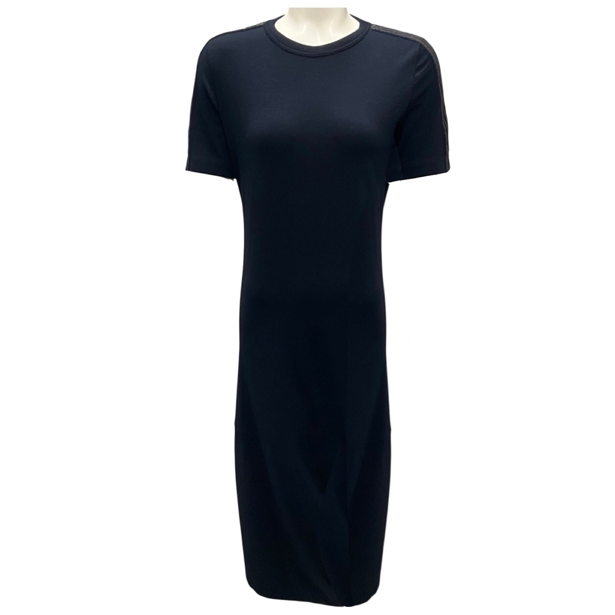 Brunello Cucinelli Navy Short Sleeved Jersey Knit Midi Dress with Monili