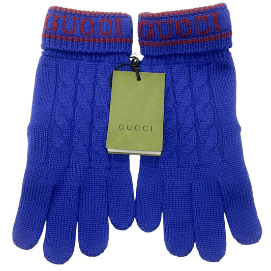Gucci Blue 2022 Logo Wool Knit and Lambskin Leather Kelso Gloves