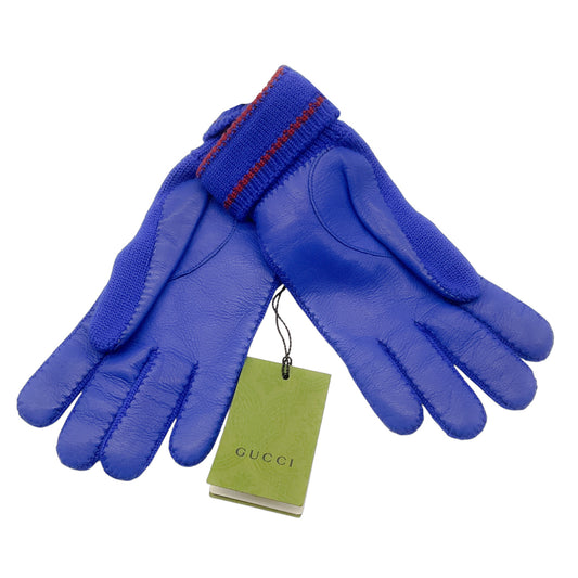 Gucci Blue 2022 Logo Wool Knit and Lambskin Leather Kelso Gloves