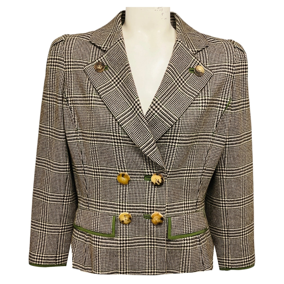 Oscar de la Renta Beige / Brown / Green Multi Houndstooth Plaid Cashmere Blazer