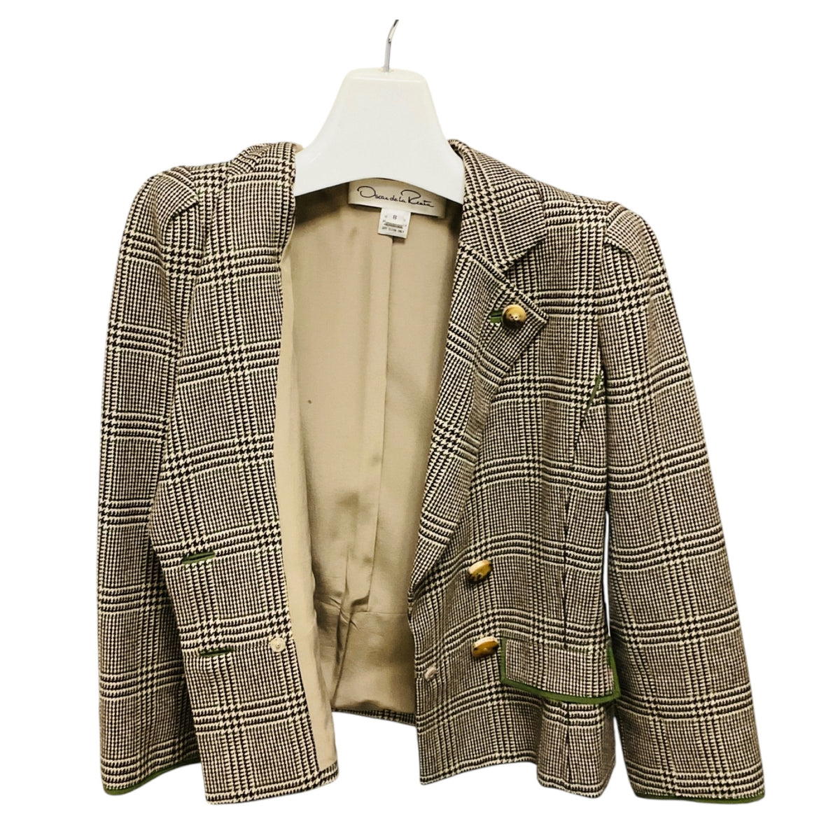 Oscar de la Renta Beige / Brown / Green Multi Houndstooth Plaid Cashmere Blazer