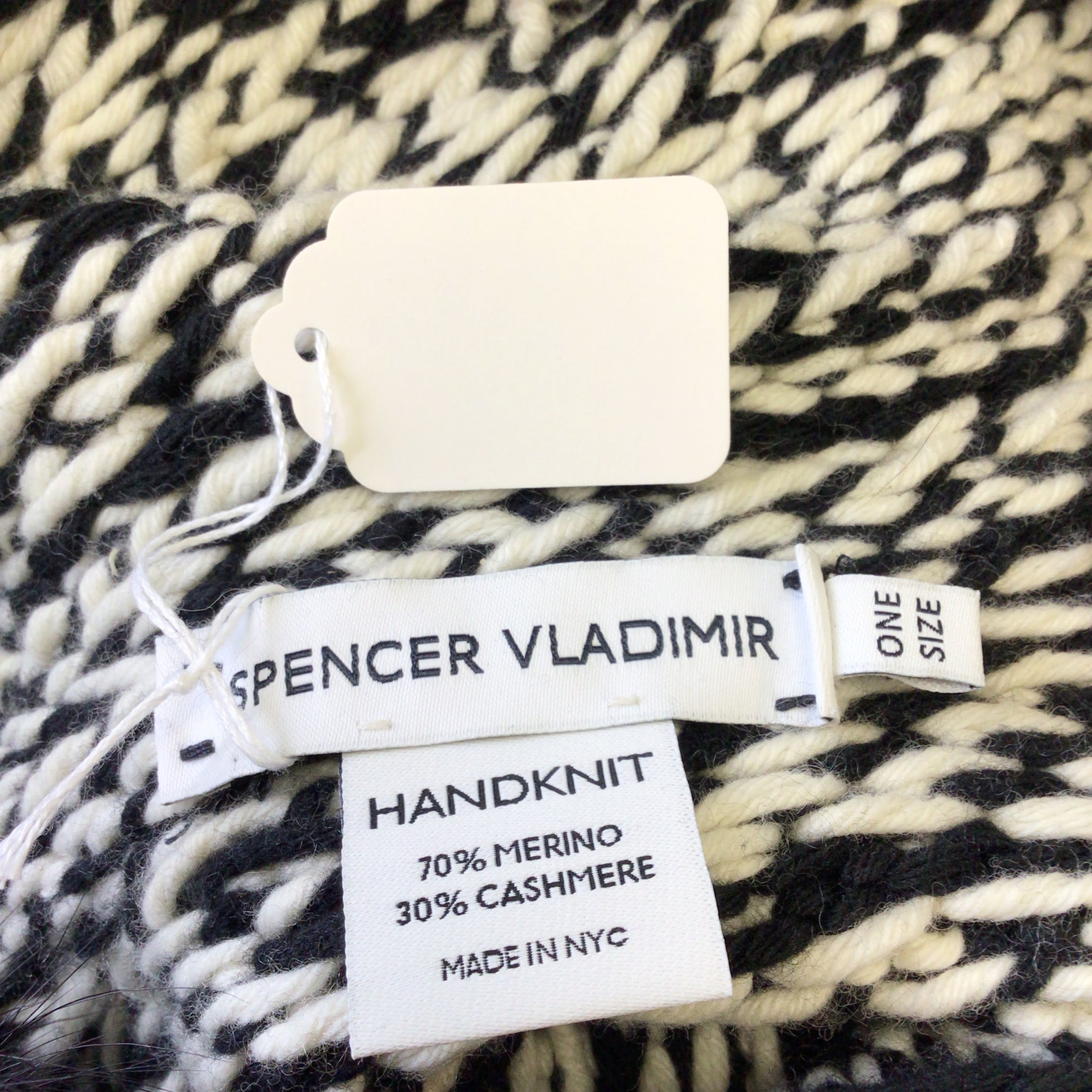 Spencer Vladimir Black / Ivory Fur Trimmed Hooded Merino Wool and Cashmere Hand Knit Sweater