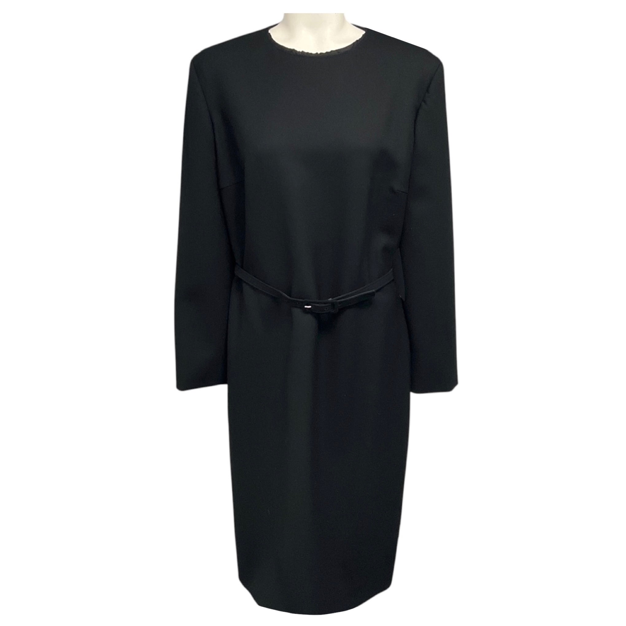The Row Black Long Sleeved Wool Stretch Dress with Belt