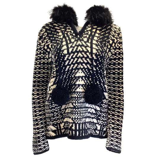 Spencer Vladimir Black / Ivory Fur Trimmed Hooded Merino Wool and Cashmere Hand Knit Sweater