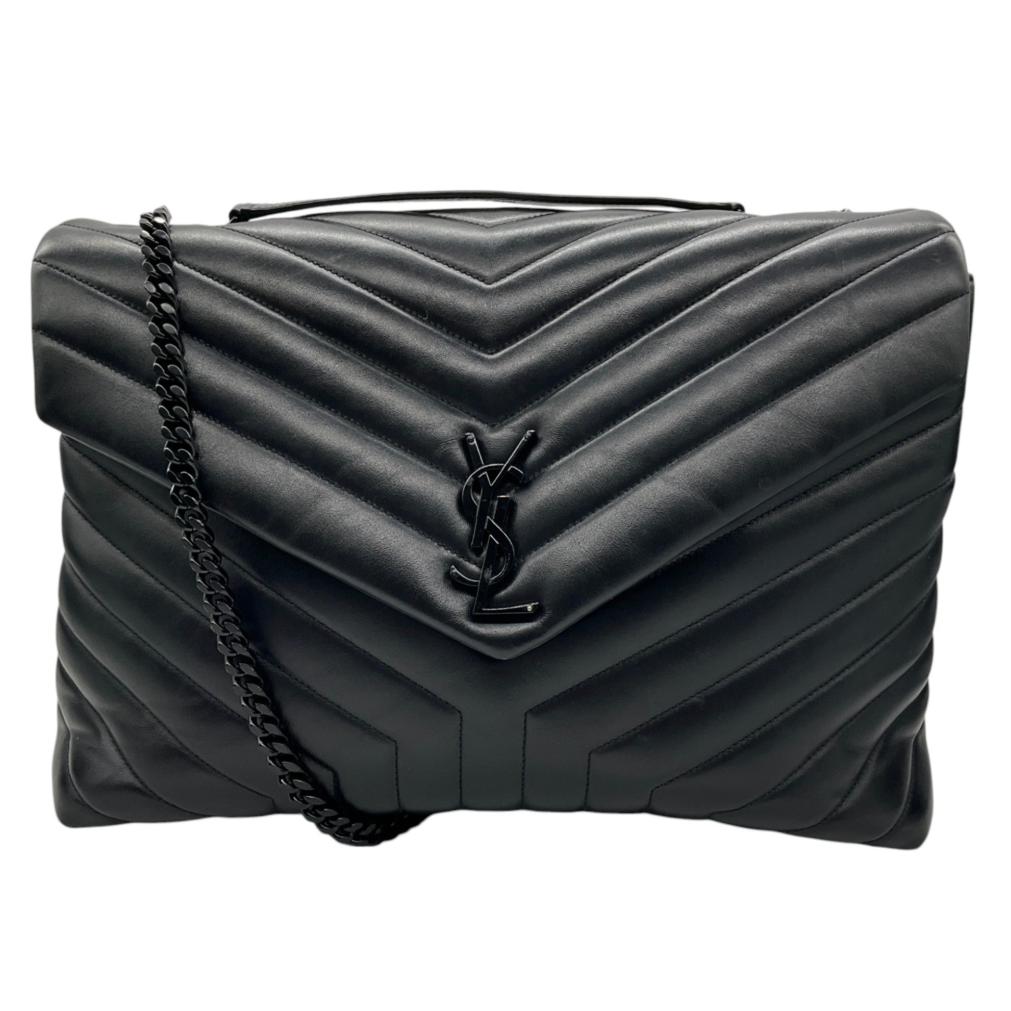 Saint Laurent Black Quilted Matelasse Leather YSL Monogram Large Loulou Chain Shoulder Bag