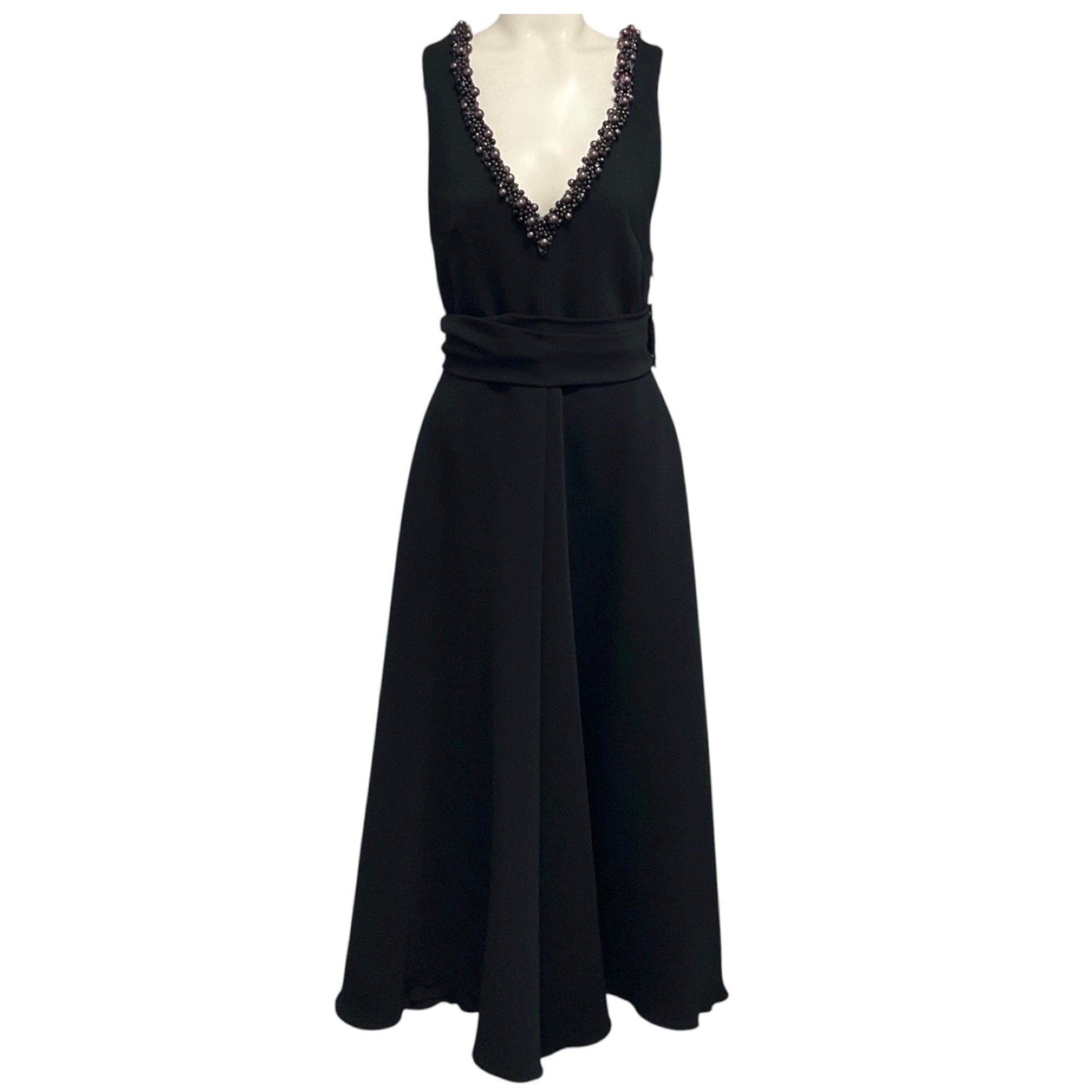 Viktor & Rolf Black Pearl Embellished Sleeveless V-Neck Midi Cocktail Dress with Bow Detail