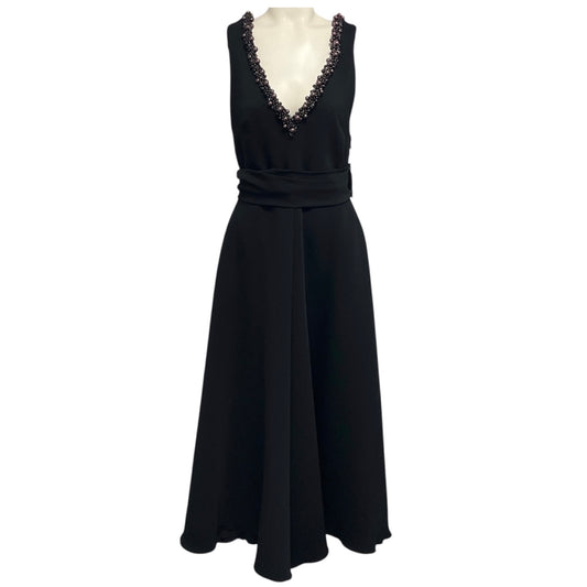 Viktor & Rolf Black Pearl Embellished Sleeveless V-Neck Midi Cocktail Dress with Bow Detail