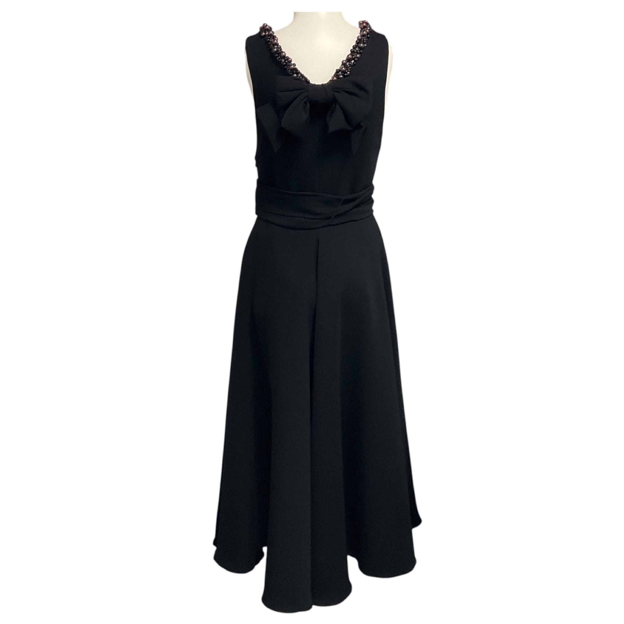 Viktor & Rolf Black Pearl Embellished Sleeveless V-Neck Midi Cocktail Dress with Bow Detail