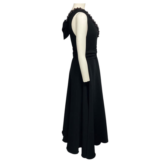Viktor & Rolf Black Pearl Embellished Sleeveless V-Neck Midi Cocktail Dress with Bow Detail