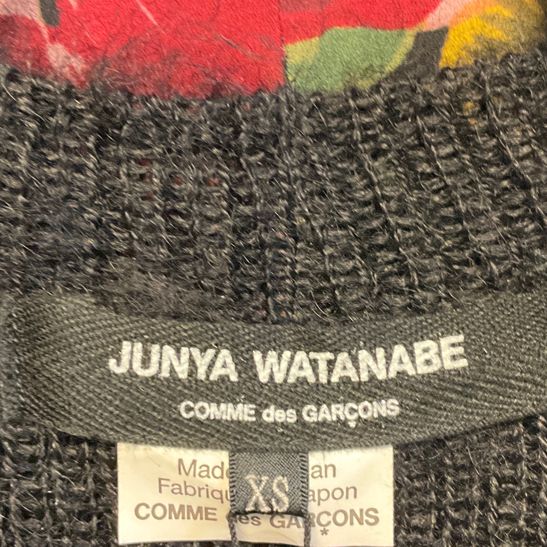 Junya Watanabe Black Wool Knit Midi Dress with Multicolor Floral Chiffon Overlay