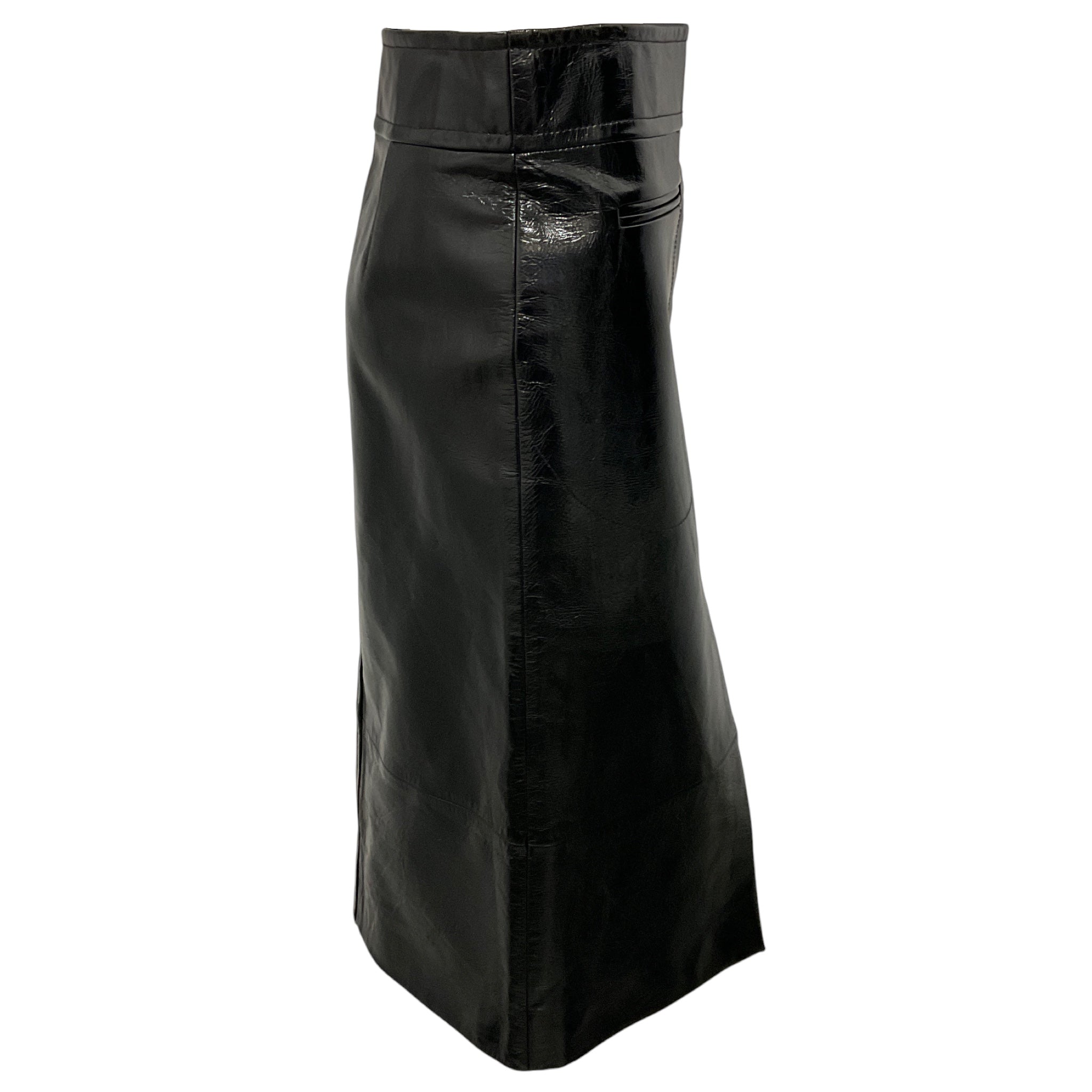 Khaite Black Patent Lambskin Leather Midi Pencil Skirt