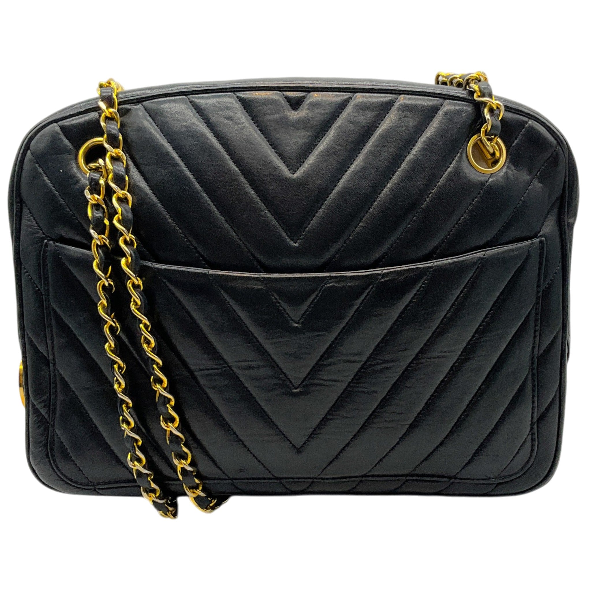 Chanel Vintage Black Leather Chevron Stitched Shoulder Bag
