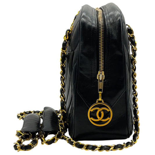 Chanel Vintage Black Leather Chevron Stitched Shoulder Bag