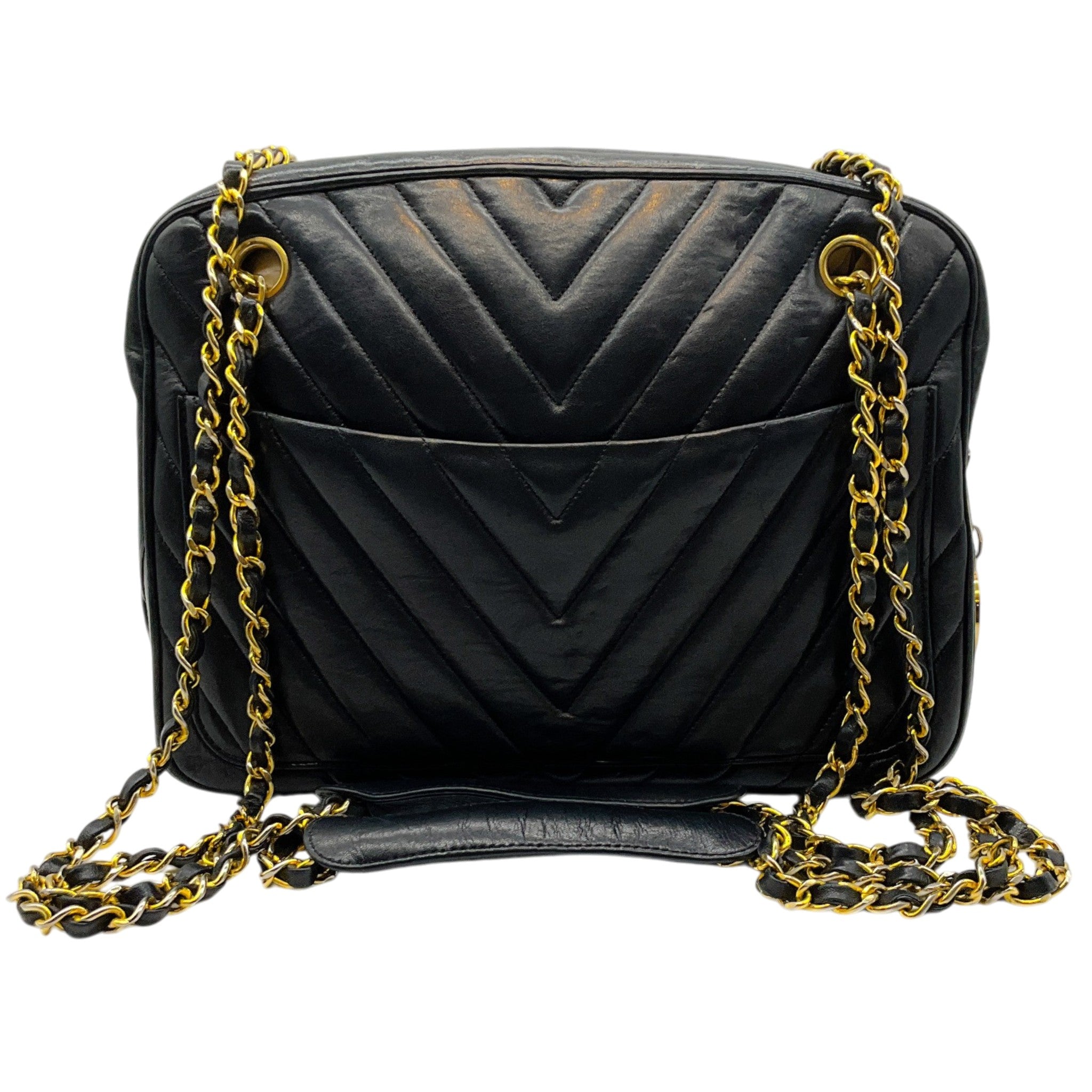 Chanel Vintage Black Leather Chevron Stitched Shoulder Bag