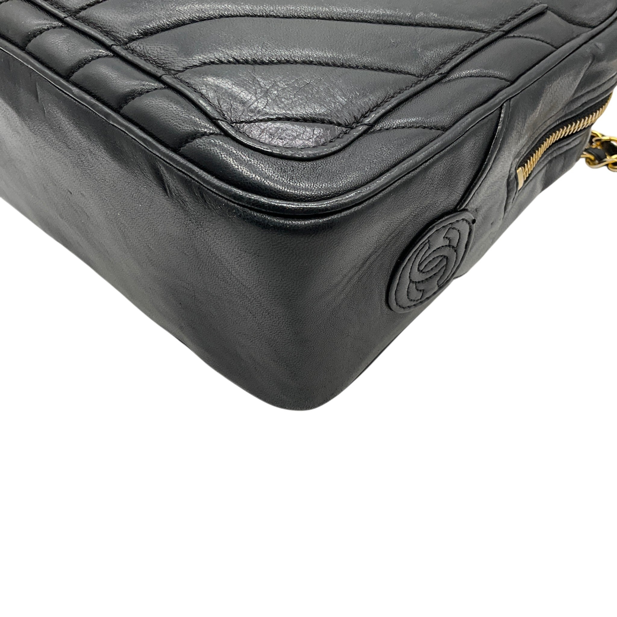 Chanel Vintage Black Leather Chevron Stitched Shoulder Bag