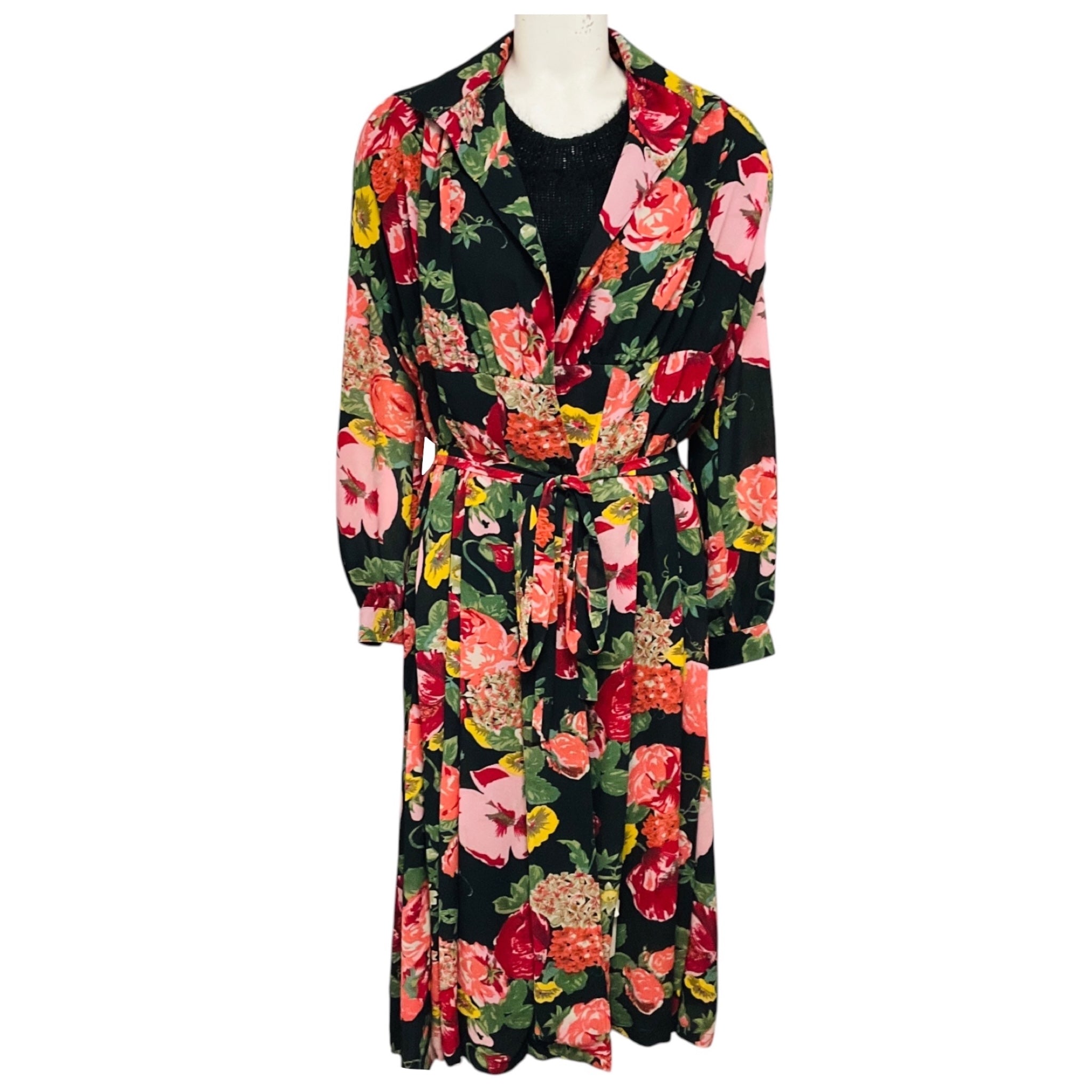 Junya Watanabe Black Wool Knit Midi Dress with Multicolor Floral Chiffon Overlay