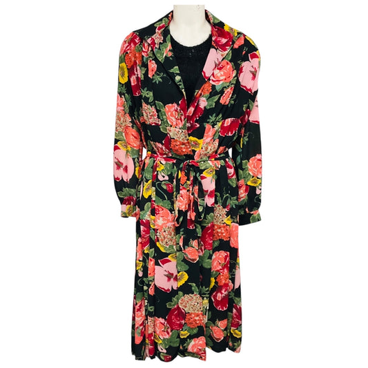Junya Watanabe Black Wool Knit Midi Dress with Multicolor Floral Chiffon Overlay