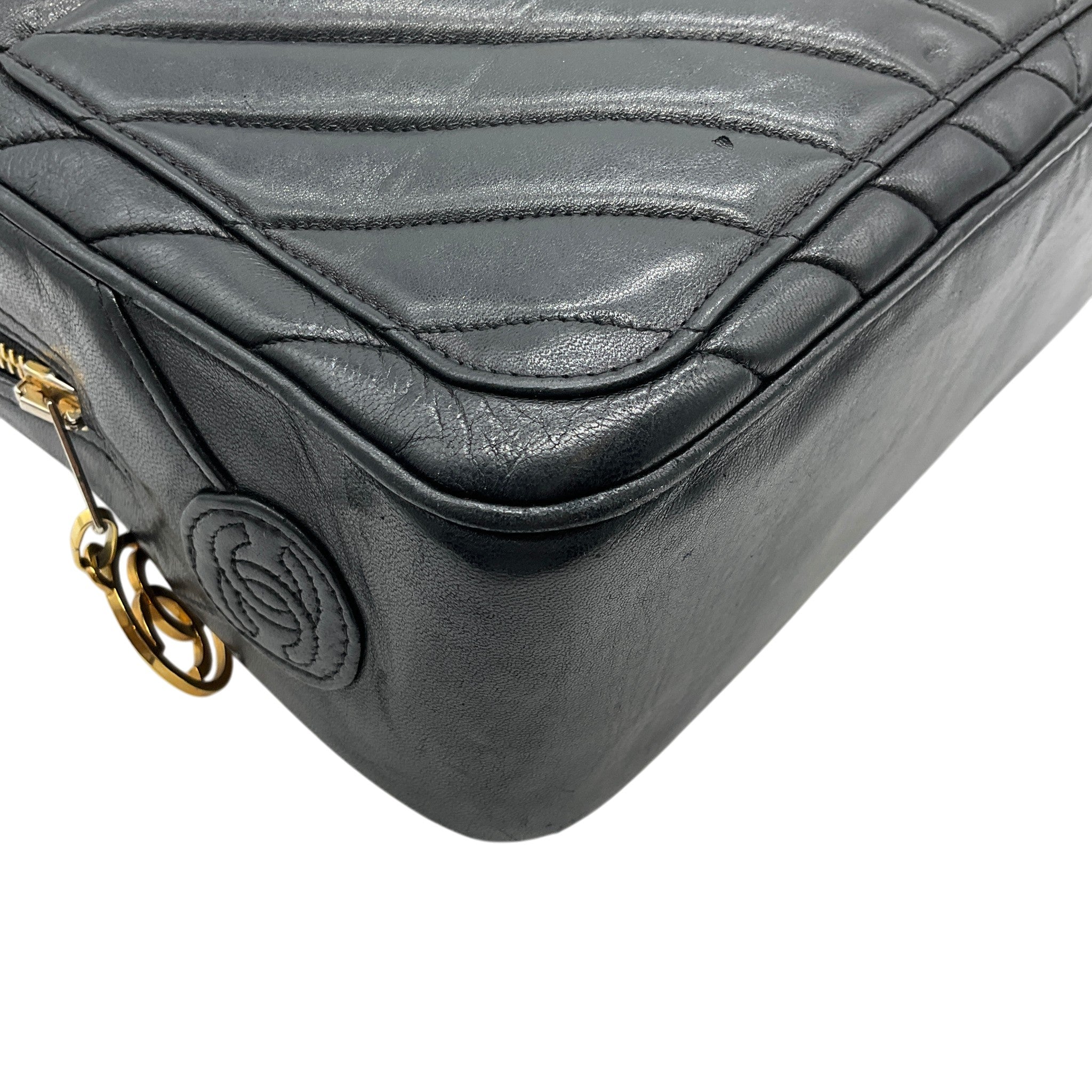 Chanel Vintage Black Leather Chevron Stitched Shoulder Bag