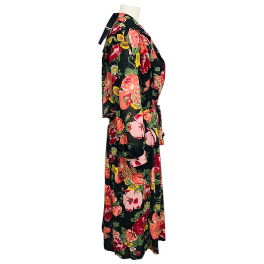Junya Watanabe Black Wool Knit Midi Dress with Multicolor Floral Chiffon Overlay