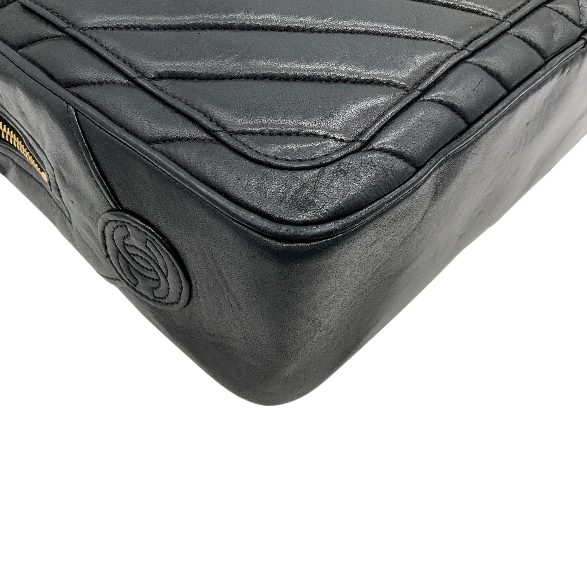 Chanel Vintage Black Leather Chevron Stitched Shoulder Bag