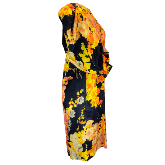 Dries Van Noten Black / Yellow Multi Floral Printed Satin Dali Dress