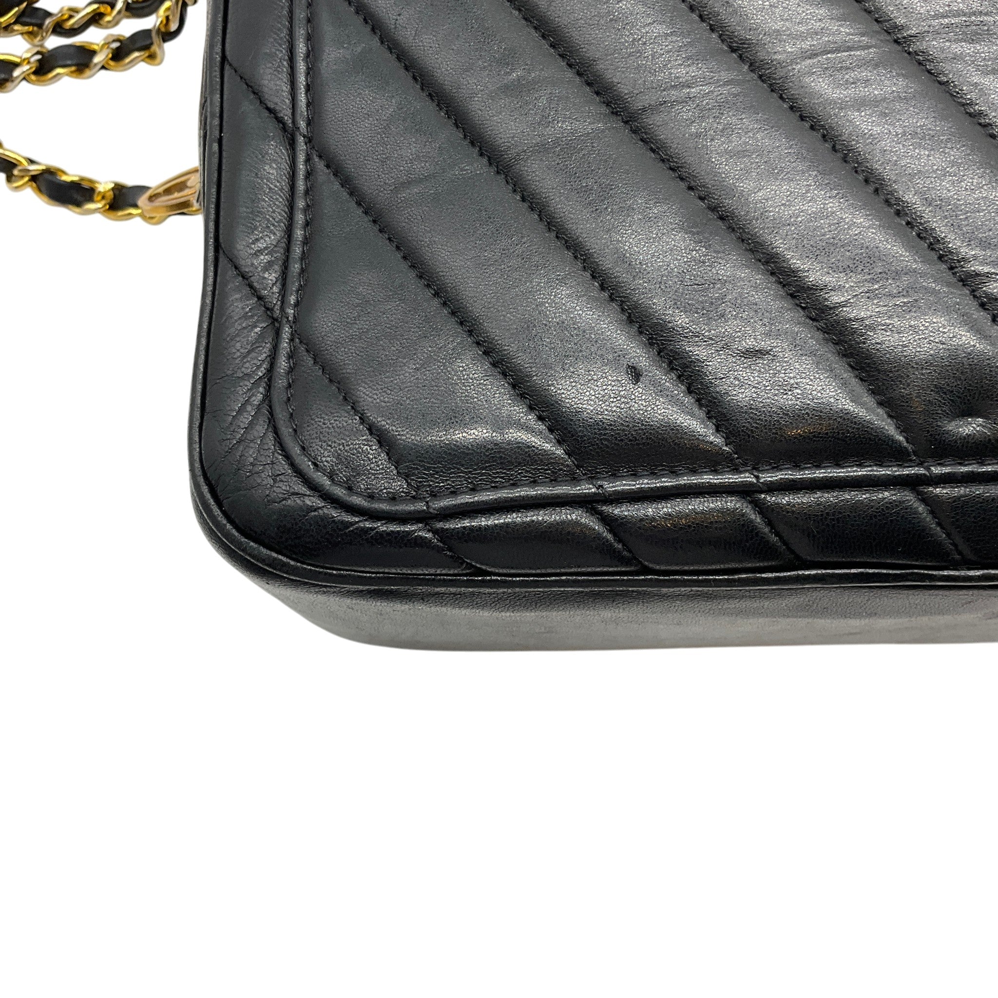 Chanel Vintage Black Leather Chevron Stitched Shoulder Bag