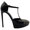Load image into Gallery viewer, Saint Laurent Black Snake T Strap Pumps with Silver Studs
