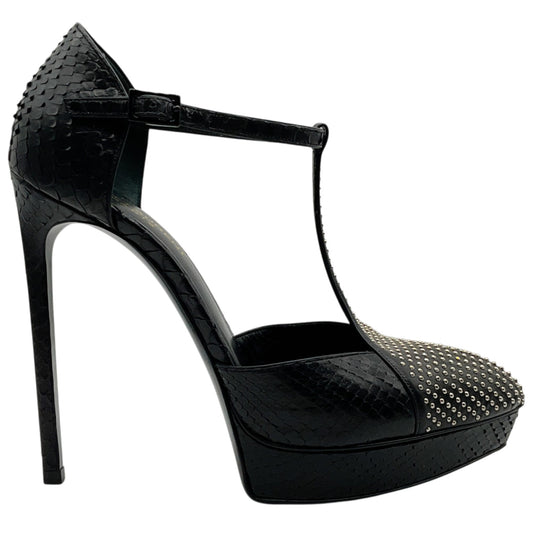 Saint Laurent Black Snake T Strap Pumps with Silver Studs
