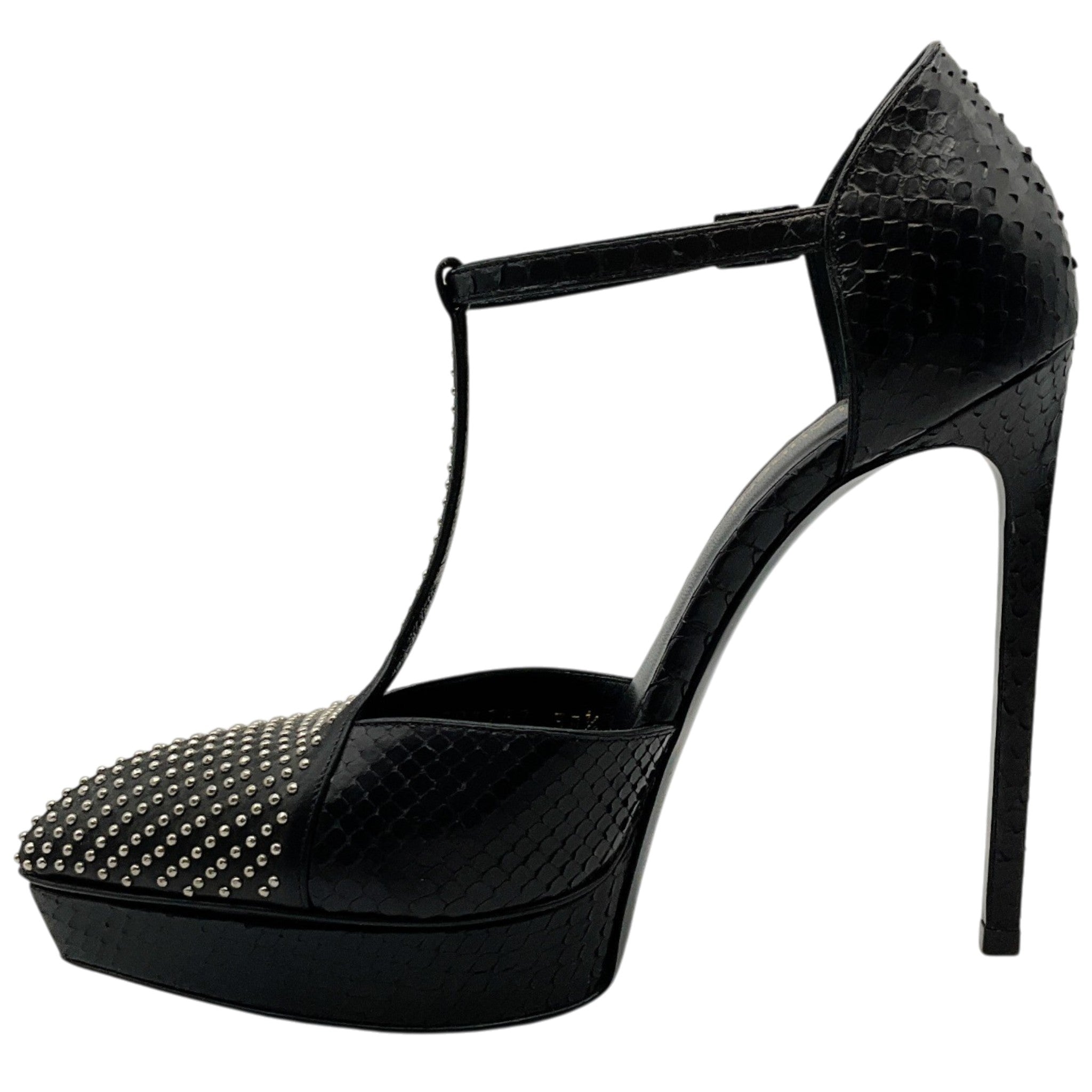 Saint Laurent Black Snake T Strap Pumps with Silver Studs