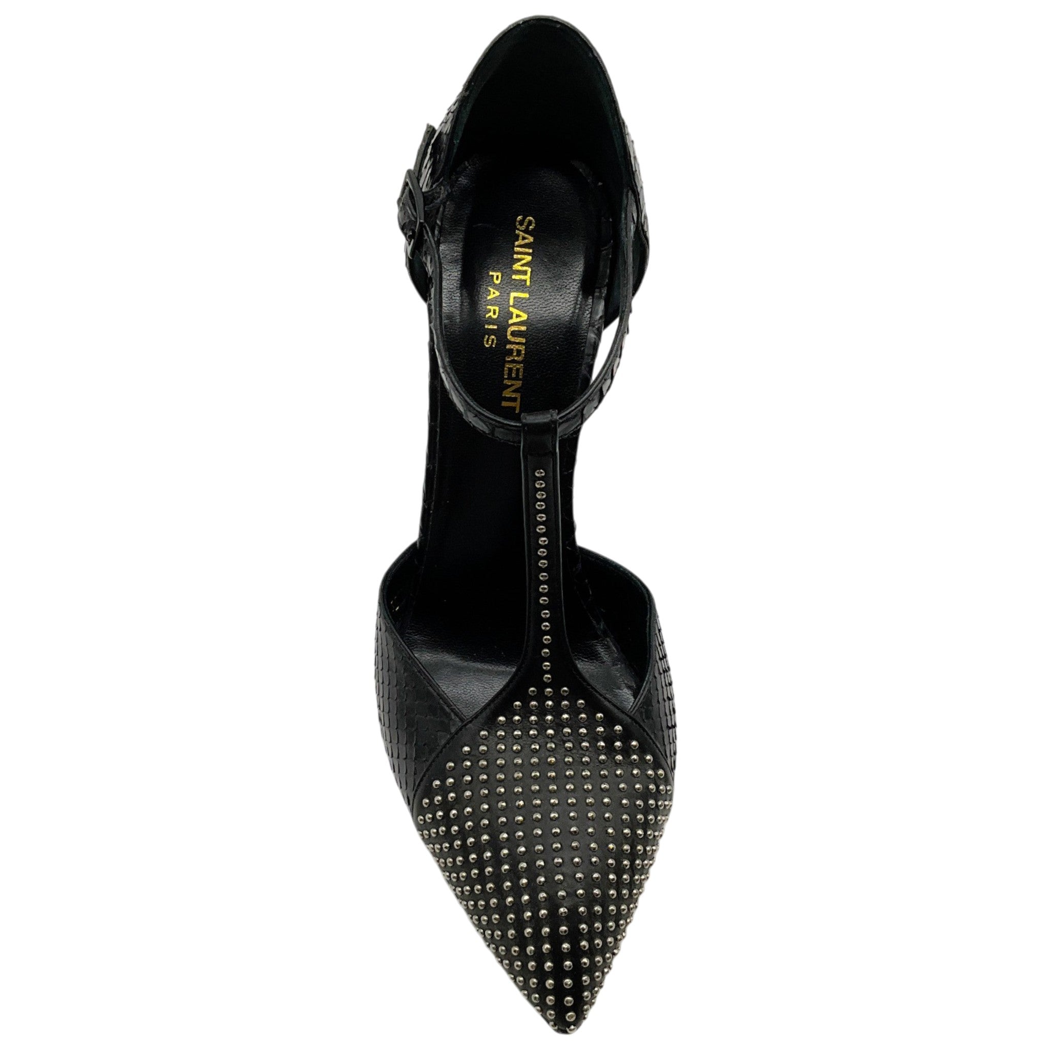 Saint Laurent Black Snake T Strap Pumps with Silver Studs