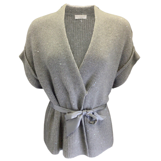 Brunello Cucinelli Grey Sequined Belted Short Sleeved Cashmere and Silk Knit Sweater