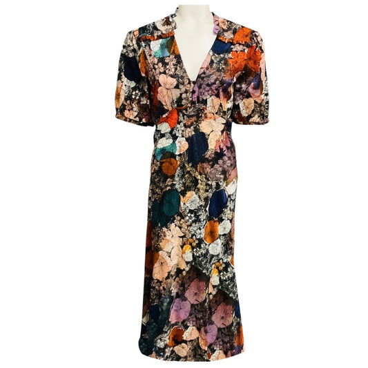 Raquel Allegra Multicolor Floral Printed Short Sleeved V-Neck Textured Silk Satin Midi Dress