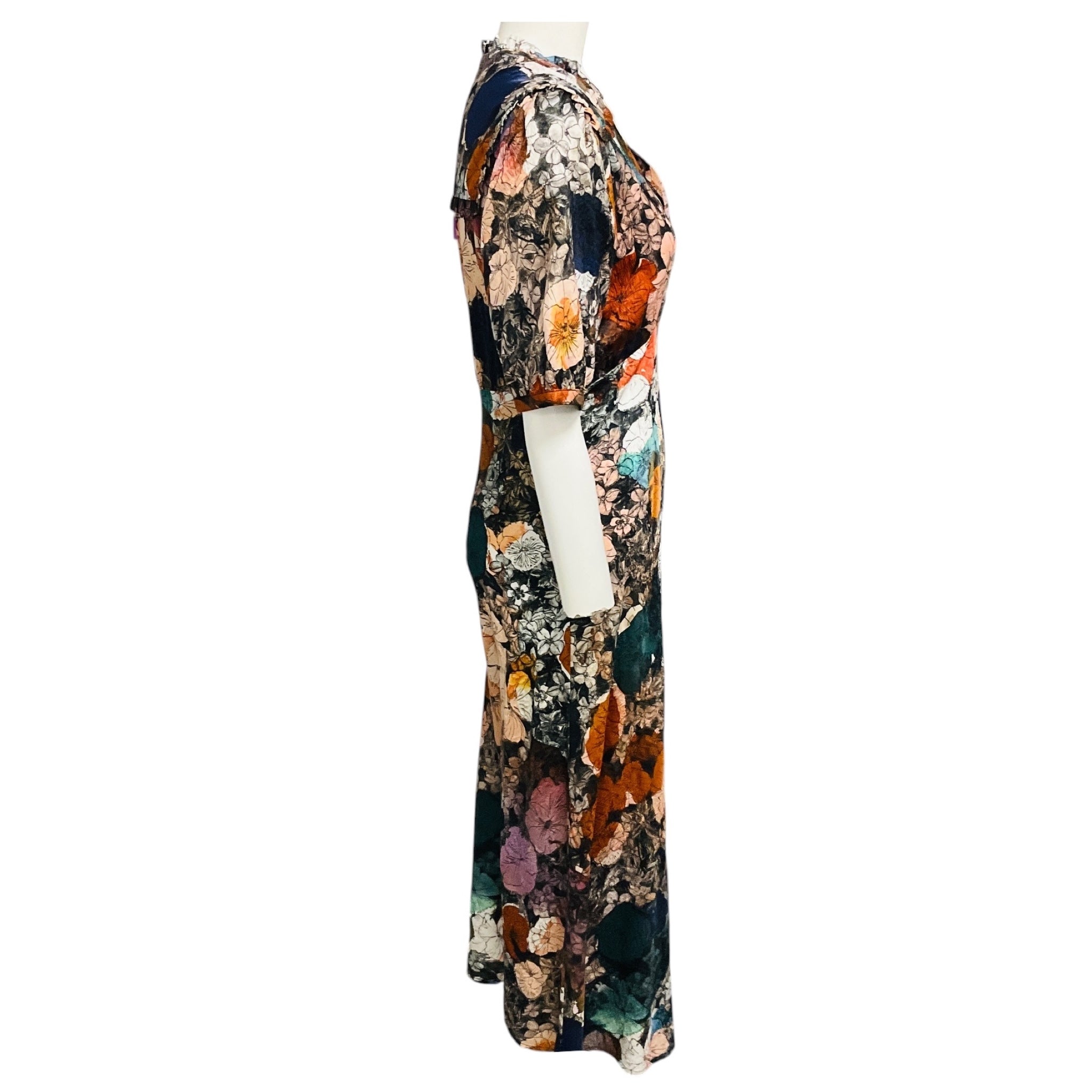 Raquel Allegra Multicolor Floral Printed Short Sleeved V-Neck Textured Silk Satin Midi Dress