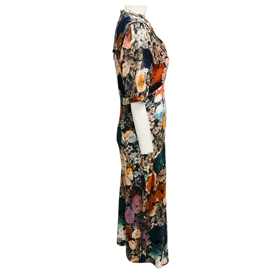 Raquel Allegra Multicolor Floral Printed Short Sleeved V-Neck Textured Silk Satin Midi Dress