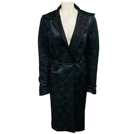 Costume National Black Metallic Reversible Houndstooth Jacquard Coat with Belt