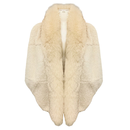Etro Ivory Rabbit Fur Cape with Fox Fur Collar and Silk Lining