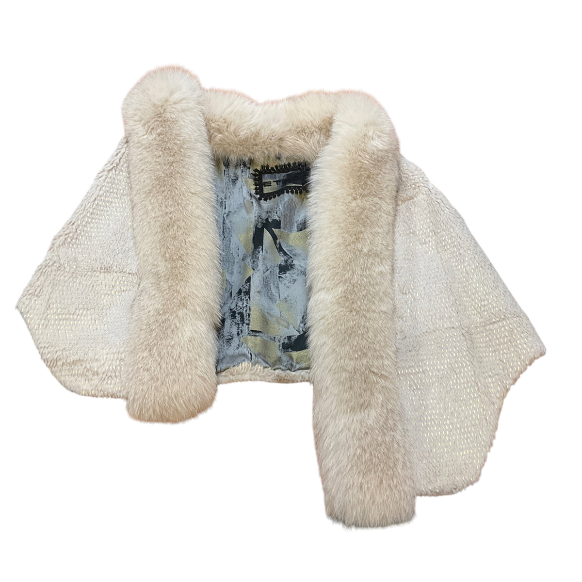Etro Ivory Rabbit Fur Cape with Fox Fur Collar and Silk Lining