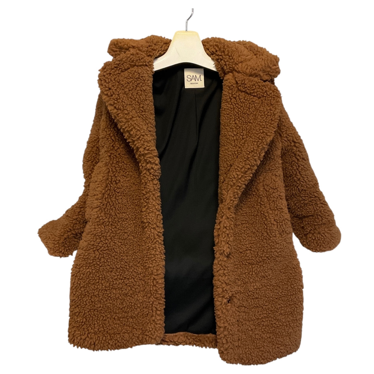 SAM. Light Brown Faux Fur Sherpa Coat with Black Leather Trim