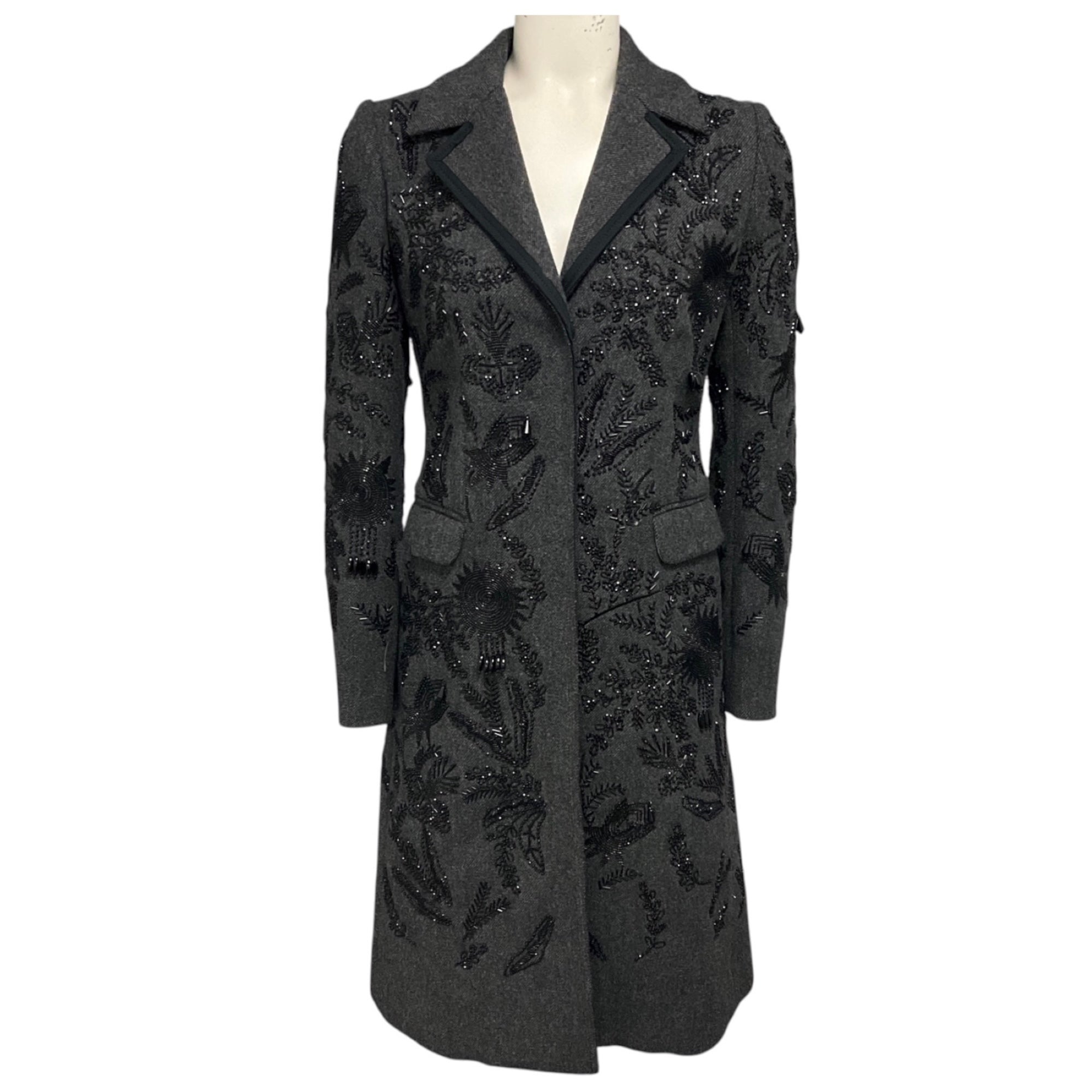 Prada Charcoal Grey / Black Bead Embellished Wool Coat