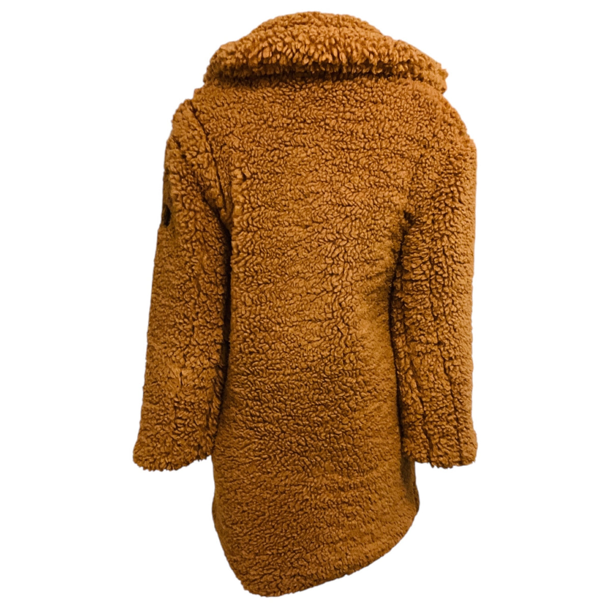 SAM. Light Brown Faux Fur Sherpa Coat with Black Leather Trim