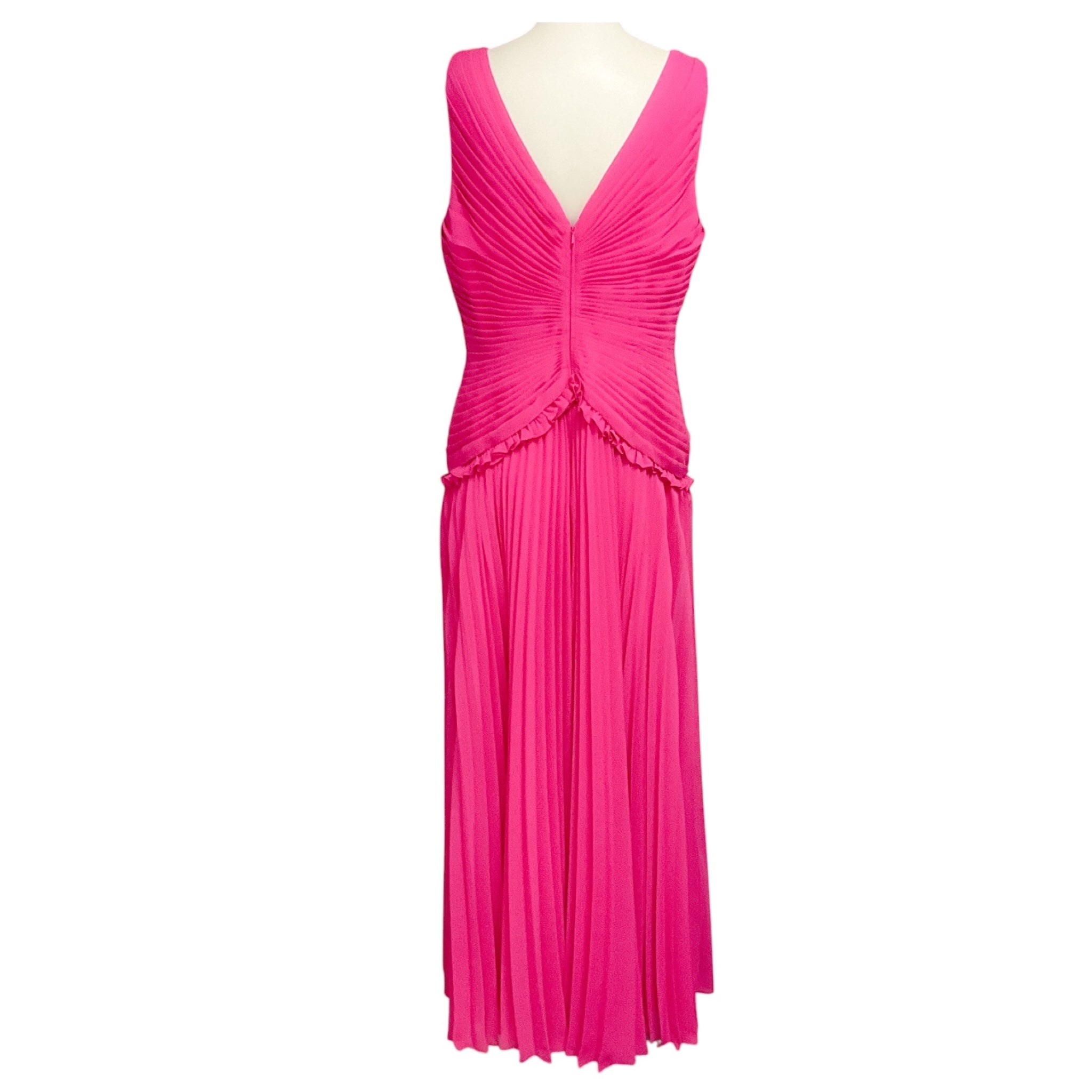 Zac Posen Hot Pink Pleated Sleeveless V-Neck Chiffon Gown / Formal Dress
