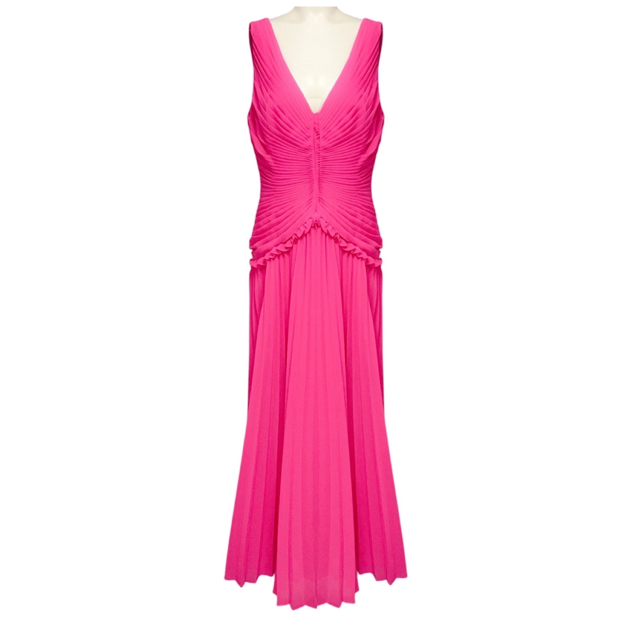 Zac Posen Hot Pink Pleated Sleeveless V-Neck Chiffon Gown / Formal Dress