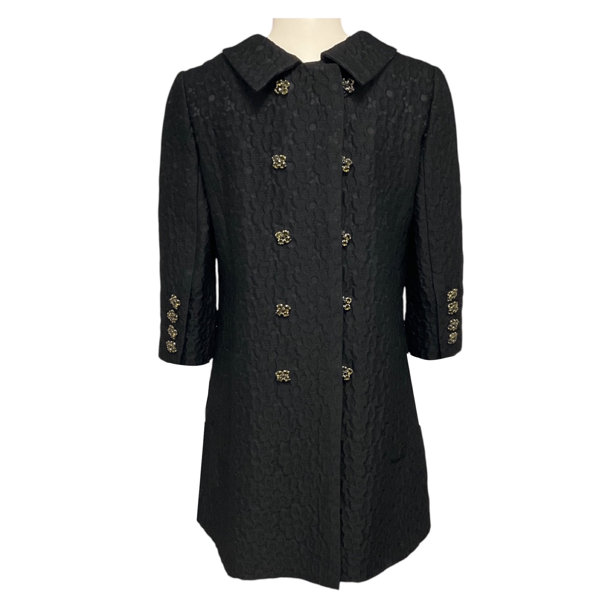 Dolce & Gabbana Black Double Breasted Brocade Coat with Jewel Buttons
