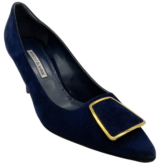 Manolo Blahnik Navy Blue Suede Maysale Pumps
